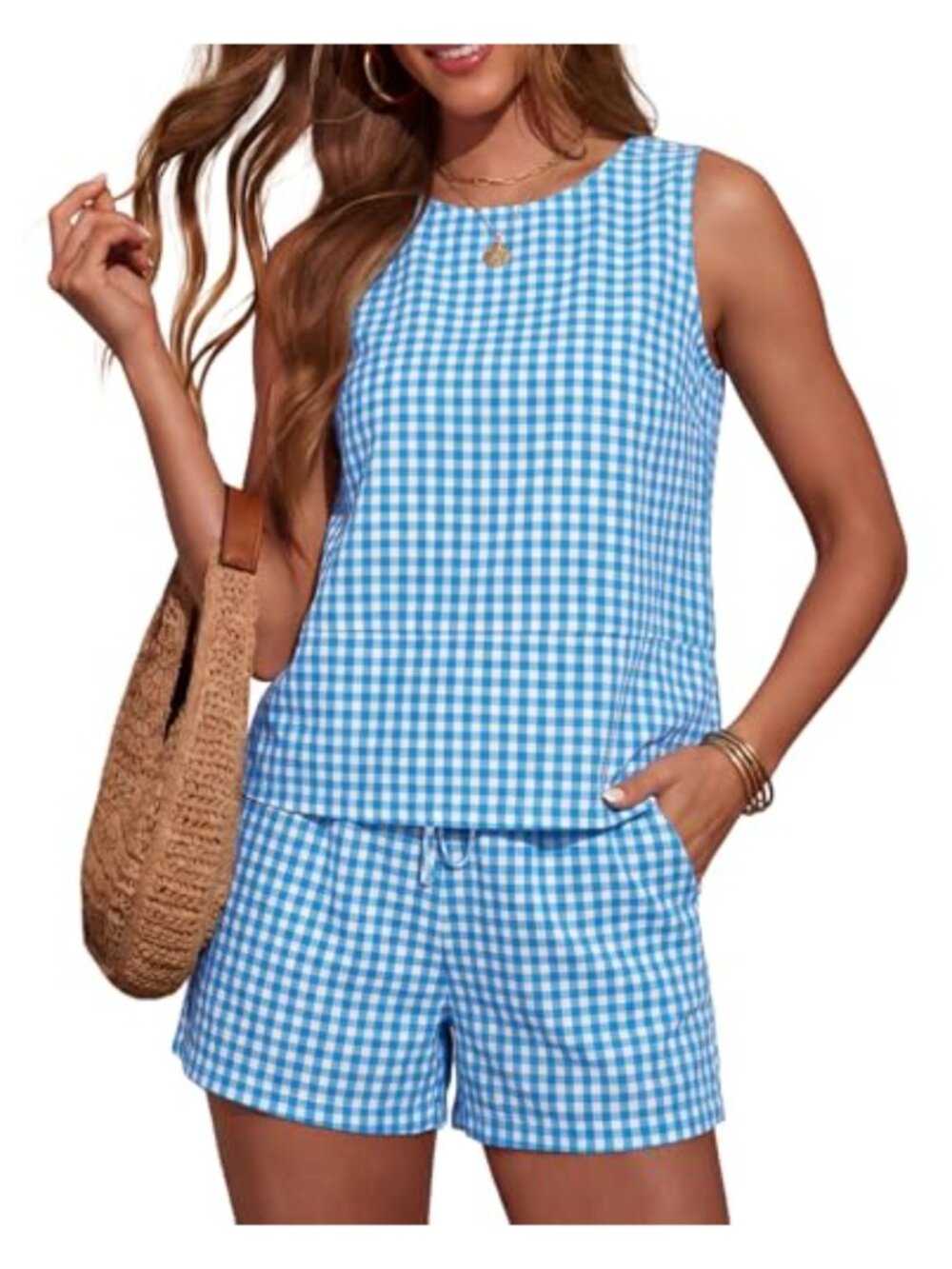 Women's 2 Piece Cotton Shorts Set Checkered Sleeveless Tank Top with Pockets